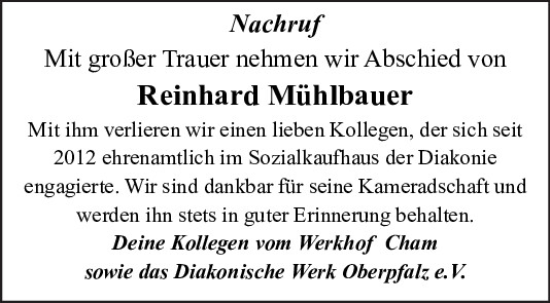 Traueranzeige von Reinhard Mühlbauer von Bayerwald Echo