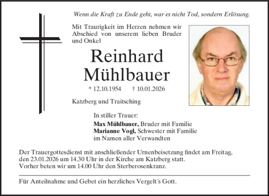 Traueranzeige von Reinhard Mühlbauer von Bayerwald Echo