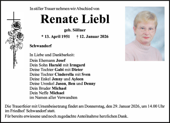 Traueranzeige von Renate Liebl von Mittelbayerische Zeitung Schwandorf