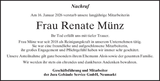 Traueranzeige von Renate Münz von Mittelbayerische Zeitung Schwandorf