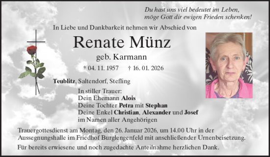 Traueranzeige von Renate Münz von Mittelbayerische Zeitung Schwandorf
