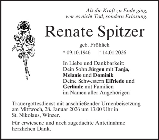 Traueranzeige von Renate Spitzer von Mittelbayerische Zeitung Regensburg