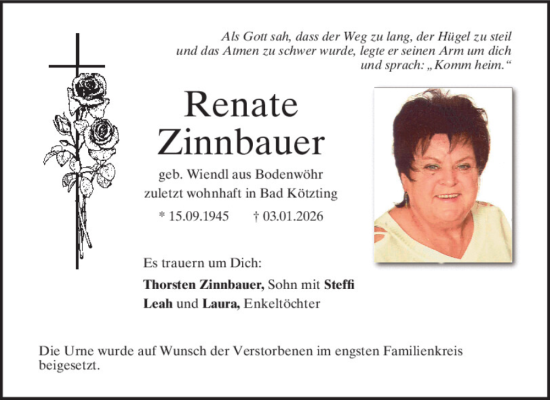 Traueranzeige von Renate Zinnbauer von Mittelbayerische Zeitung Schwandorf