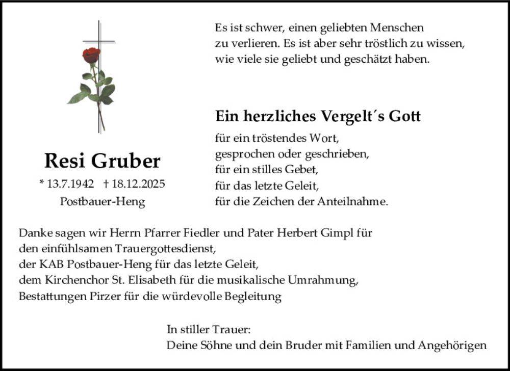  Traueranzeige für Resi Gruber vom 10.01.2026 aus Neumarkter Tagblatt