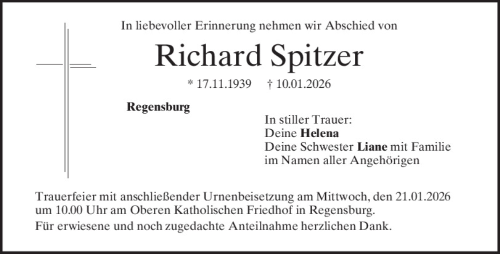  Traueranzeige für Richard Spitzer vom 17.01.2026 aus Mittelbayerische Zeitung Regensburg
