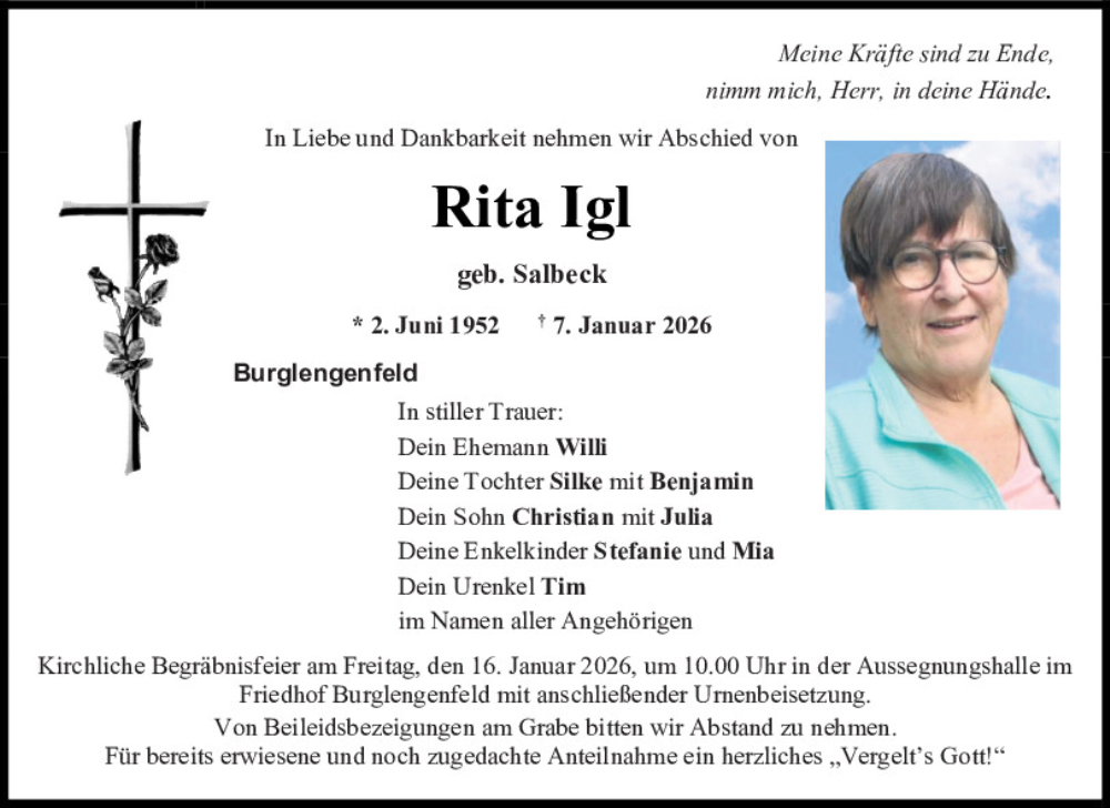  Traueranzeige für Rita Igl vom 14.01.2026 aus Mittelbayerische Zeitung Schwandorf