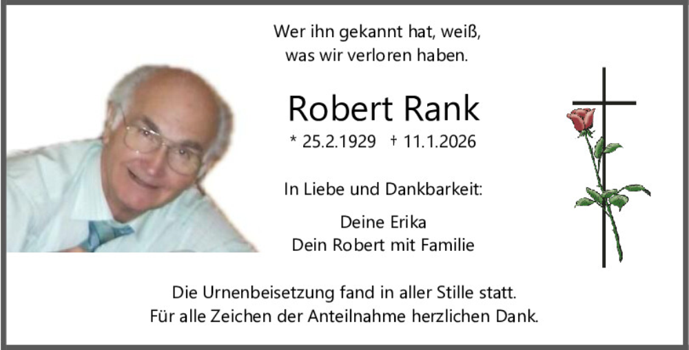  Traueranzeige für Robert Rank vom 31.01.2026 aus Mittelbayerische Zeitung Regensburg