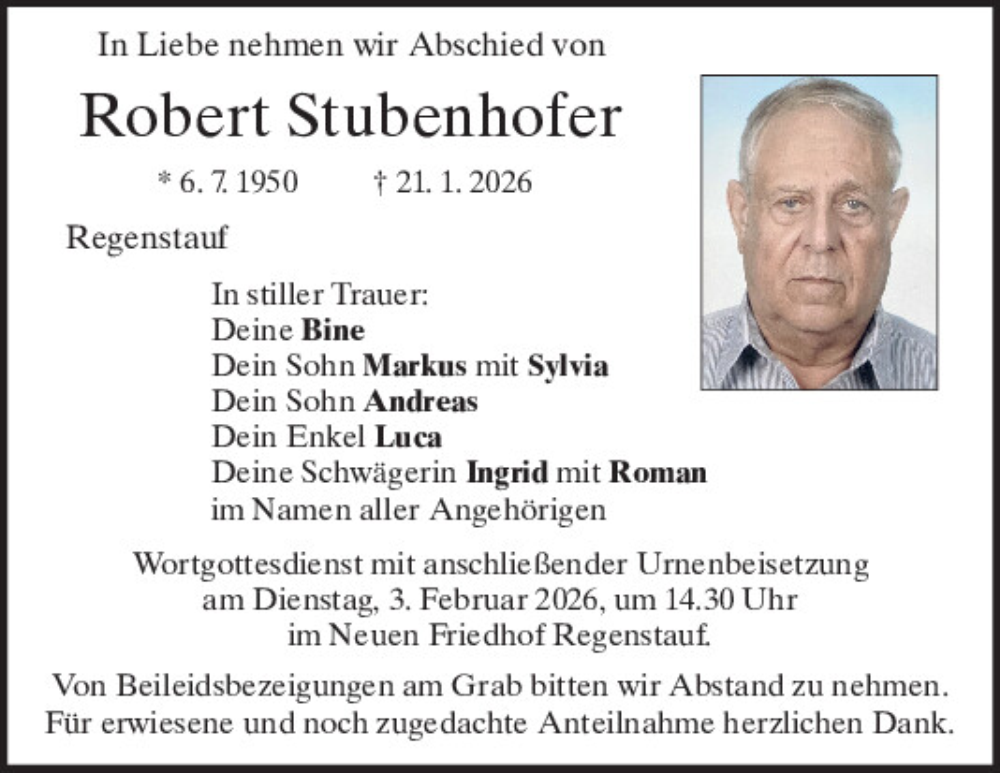  Traueranzeige für Robert Stubenhofer vom 31.01.2026 aus Mittelbayerische Zeitung Regensburg