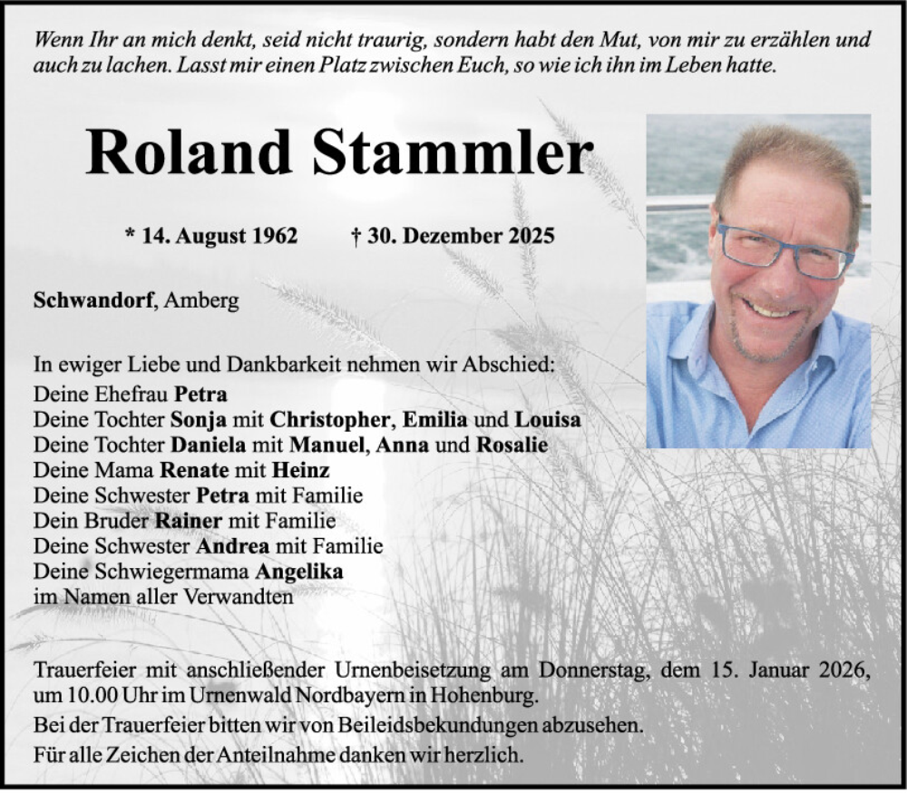  Traueranzeige für Roland Stammler vom 10.01.2026 aus Mittelbayerische Zeitung Schwandorf