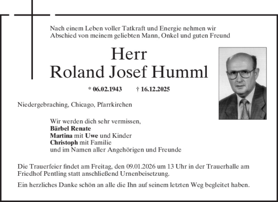 Traueranzeige von Roland Josef Humml von Mittelbayerische Zeitung Kelheim, Mittelbayerische Zeitung Regensburg