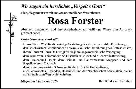 Traueranzeige von Rosa Forster von Mittelbayerische Zeitung Schwandorf