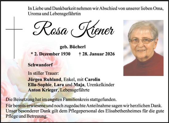 Traueranzeige von Rosa Kiener von Mittelbayerische Zeitung Schwandorf