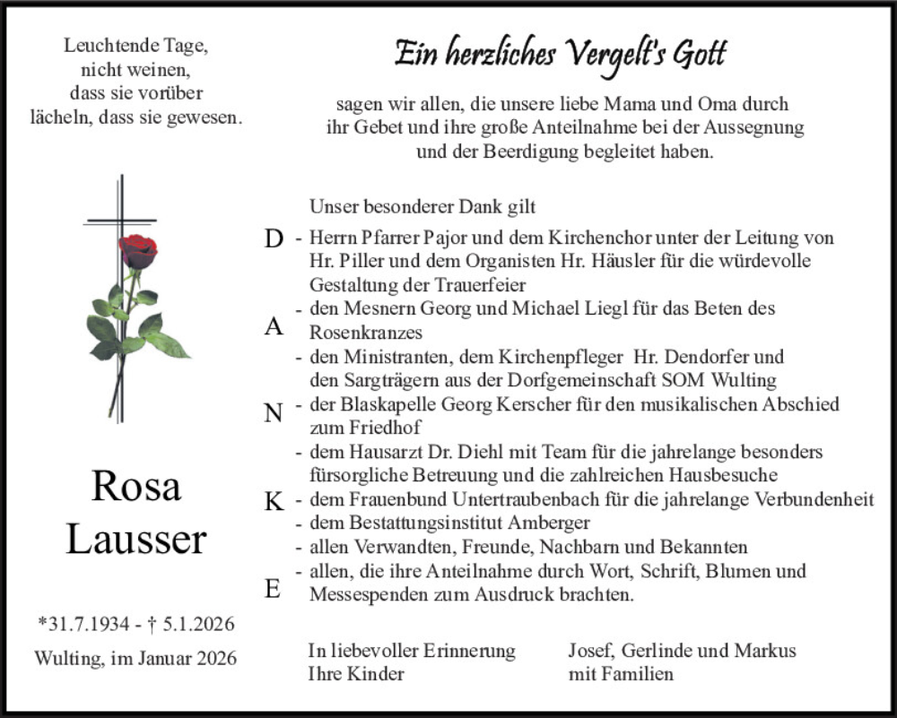  Traueranzeige für Rosa Lausser vom 21.01.2026 aus Bayerwald Echo