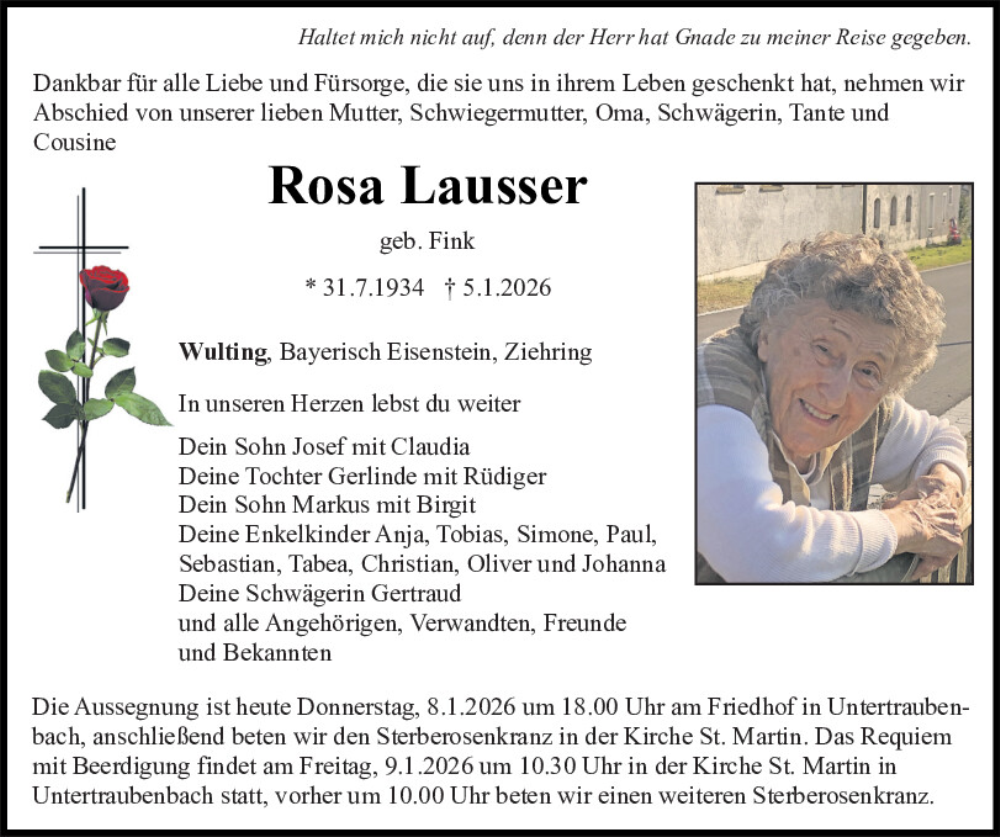  Traueranzeige für Rosa Lausser vom 08.01.2026 aus Bayerwald Echo