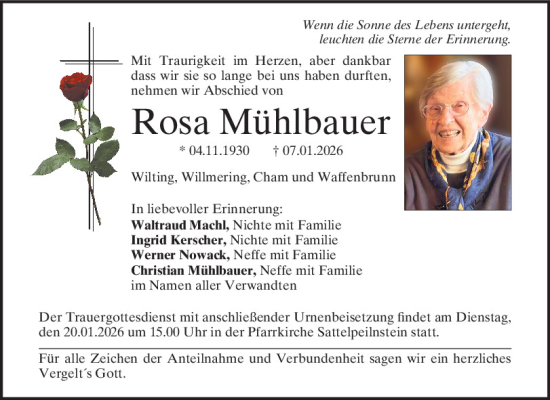Traueranzeige von Rosa Mühlbauer von Bayerwald Echo
