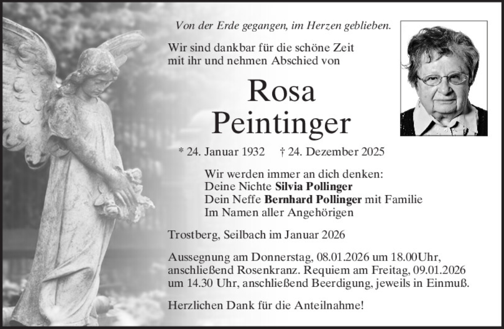  Traueranzeige für Rosa Peintinger vom 06.01.2026 aus Mittelbayerische Zeitung Kelheim