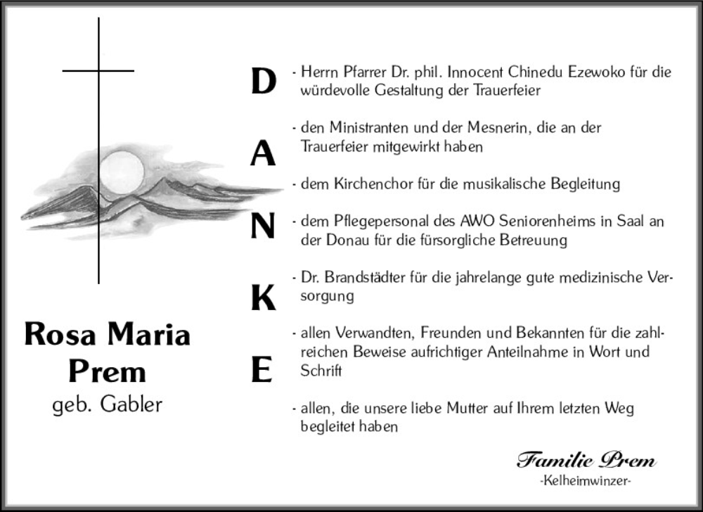  Traueranzeige für Rosa Maria Prem vom 31.01.2026 aus Mittelbayerische Zeitung Kelheim
