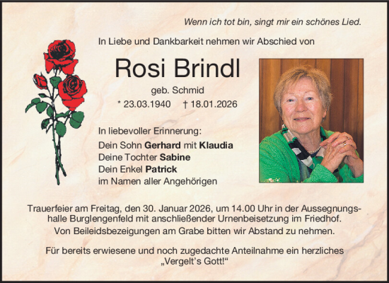 Traueranzeige von Rosi Brindl von Mittelbayerische Zeitung Schwandorf