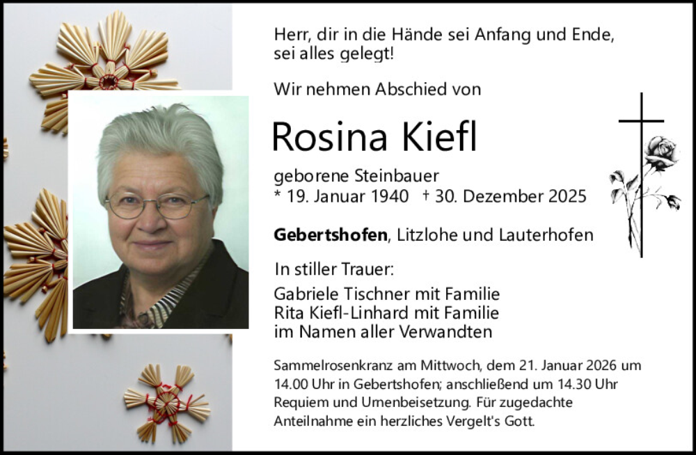  Traueranzeige für Rosina Kiefl vom 17.01.2026 aus Neumarkter Tagblatt