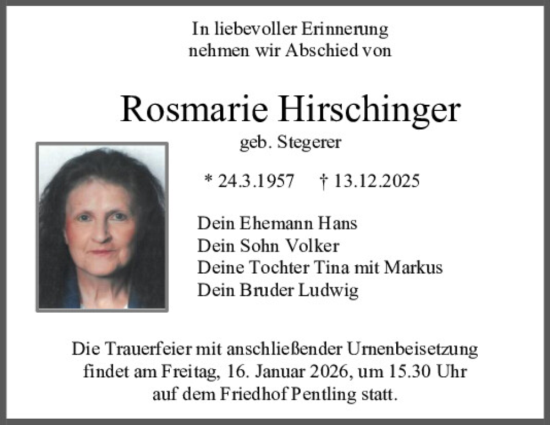 Traueranzeige von Rosmarie Hirschinger von Mittelbayerische Zeitung Regensburg