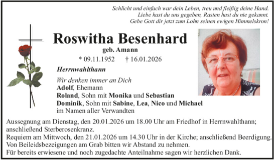 Traueranzeige von Roswitha Besenhard von Mittelbayerische Zeitung Kelheim