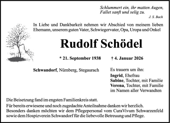 Traueranzeige von Rudolf Schödel von Mittelbayerische Zeitung Schwandorf
