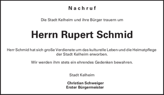Traueranzeige von Rupert Schmid von Mittelbayerische Zeitung Kelheim
