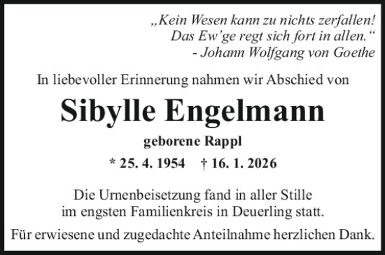 Traueranzeige von Sibylle Engelmann von Mittelbayerische Zeitung Regensburg