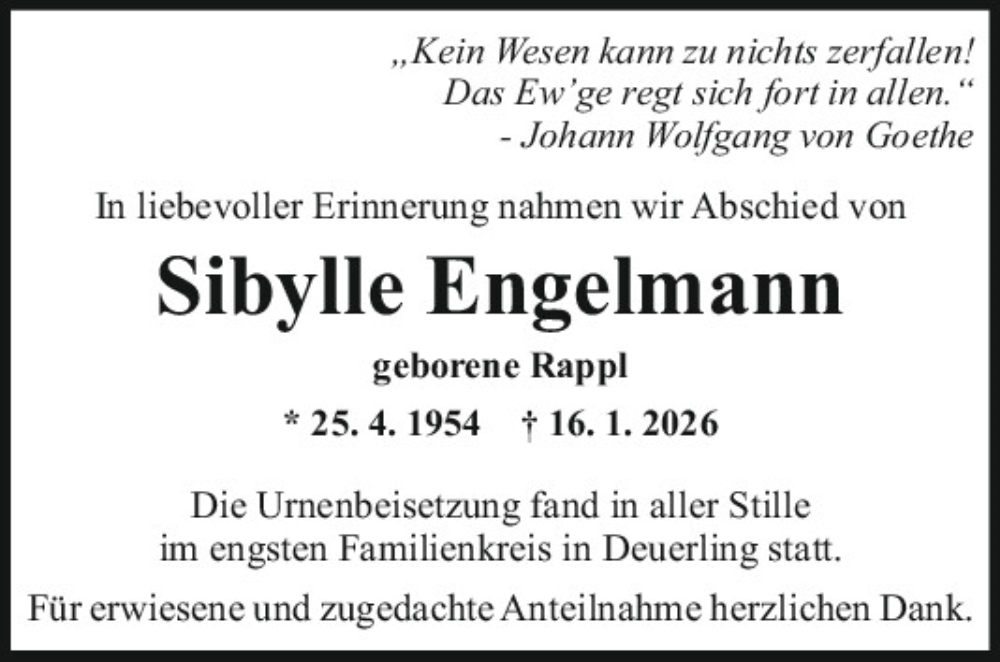  Traueranzeige für Sibylle Engelmann vom 31.01.2026 aus Mittelbayerische Zeitung Regensburg