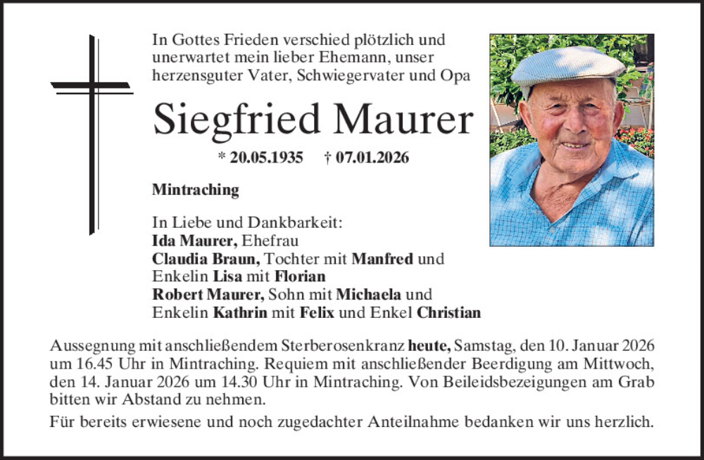  Traueranzeige für Siegfried Maurer vom 10.01.2026 aus Mittelbayerische Zeitung Regensburg