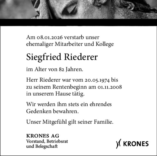 Traueranzeige von Siegfried Riederer von Mittelbayerische Zeitung Regensburg