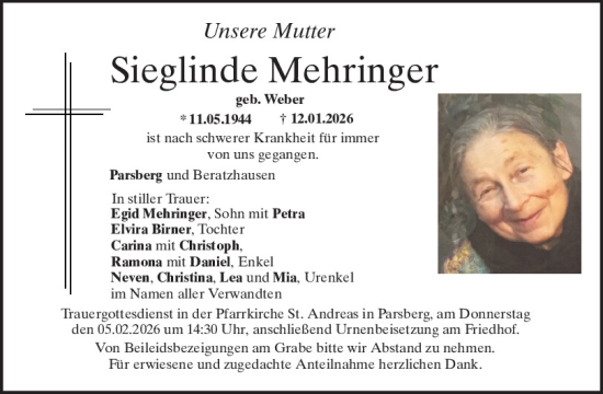 Traueranzeige von Sieglinde Mehringer von Neumarkter Tagblatt