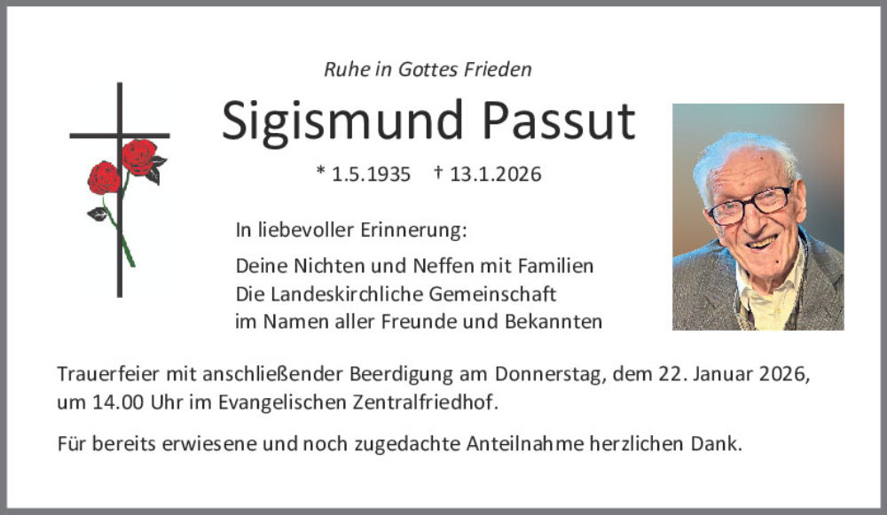  Traueranzeige für Sigismund Passut vom 17.01.2026 aus Mittelbayerische Zeitung Regensburg