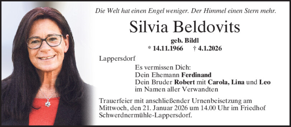  Traueranzeige für Silvia Beldovits vom 17.01.2026 aus Mittelbayerische Zeitung Regensburg