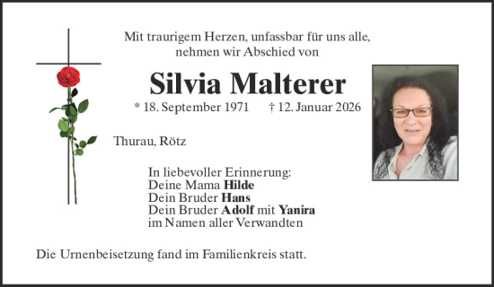 Traueranzeige von Silvia Malterer von Bayerwald Echo