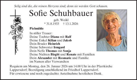 Traueranzeige von Sofie Schuhbauer von Mittelbayerische Zeitung Regensburg