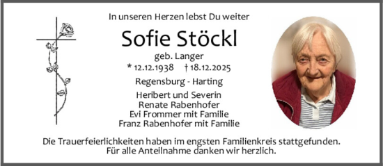 Traueranzeige von Sofie Stöckl von Mittelbayerische Zeitung Regensburg