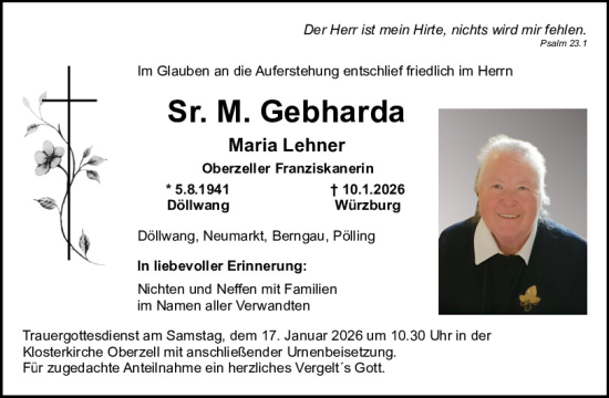 Traueranzeige von Sr. M. Gebharda  von Neumarkter Tagblatt