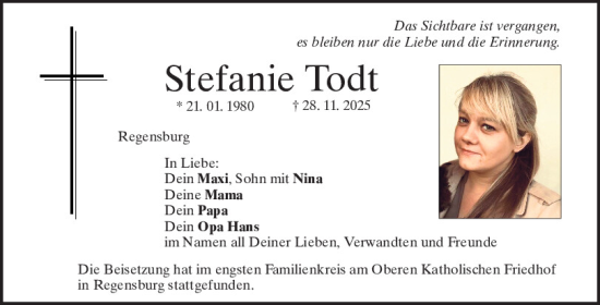 Traueranzeige von Stefanie Todt von Mittelbayerische Zeitung Regensburg