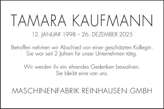 Traueranzeige von Tamara Kaufmann von Mittelbayerische Zeitung Regensburg