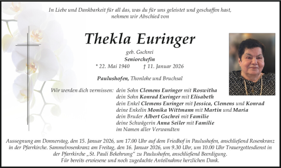 Traueranzeige von Thekla Euringer von Mittelbayerische Zeitung Regensburg