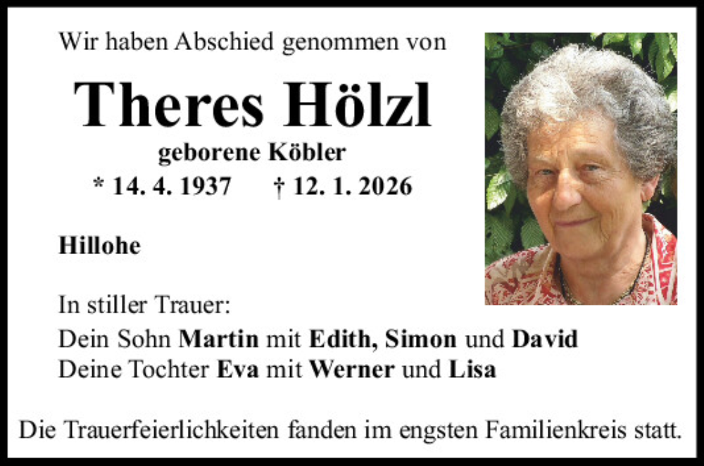  Traueranzeige für Theres Hölzl vom 21.01.2026 aus Mittelbayerische Zeitung Regensburg