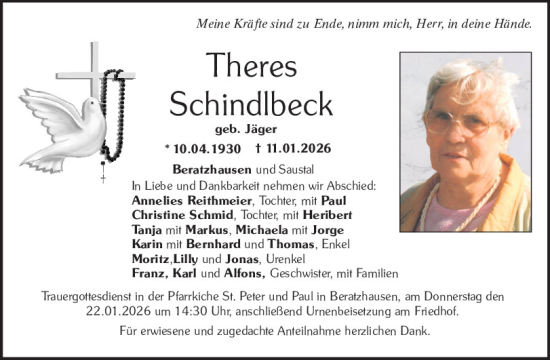 Traueranzeige von Theres Schindlbeck von Mittelbayerische Zeitung Regensburg