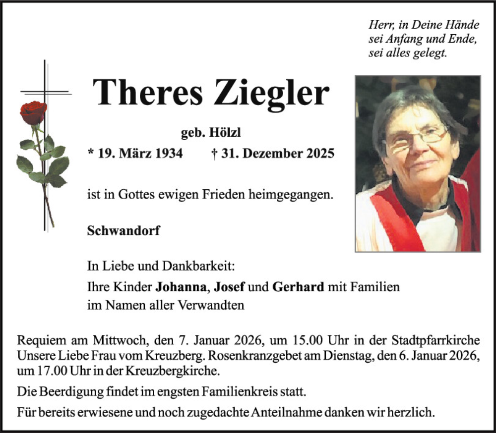  Traueranzeige für Theres Ziegler vom 03.01.2026 aus Mittelbayerische Zeitung Schwandorf