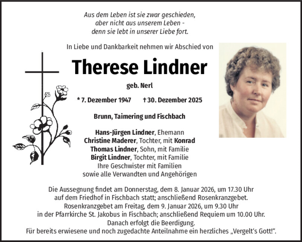  Traueranzeige für Therese Lindner vom 05.01.2026 aus Mittelbayerische Zeitung Schwandorf