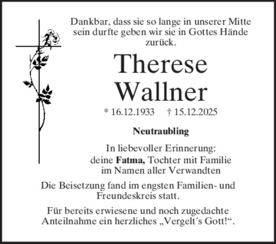 Traueranzeige von Therese Wallner von Mittelbayerische Zeitung Regensburg