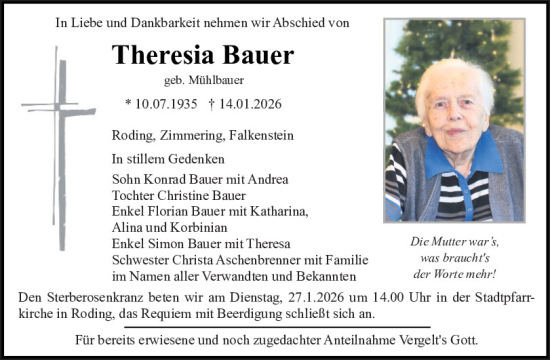 Traueranzeige von Theresia Bauer von Bayerwald Echo