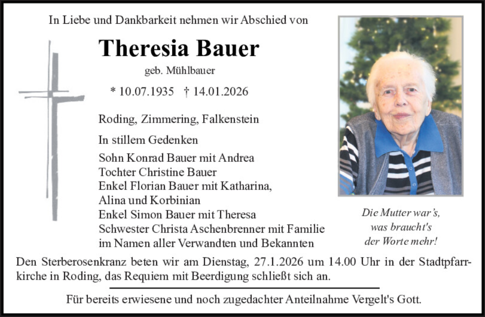  Traueranzeige für Theresia Bauer vom 24.01.2026 aus Bayerwald Echo