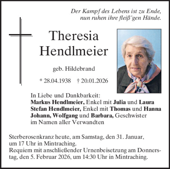 Traueranzeige von Theresia Hendlmeier von Mittelbayerische Zeitung Regensburg