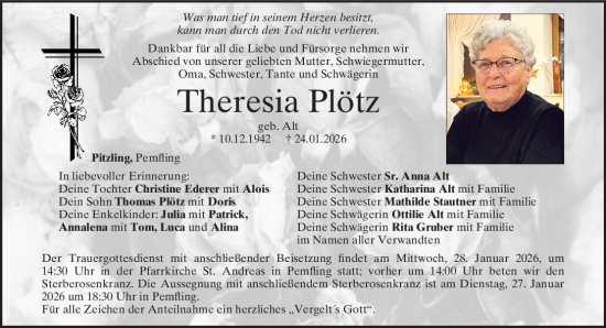 Traueranzeige von Theresia Plötz von Bayerwald Echo